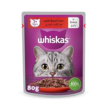 WHISKAS 1+ Years Cat Food, Beef & Liver in Gravy, 80g Pouch