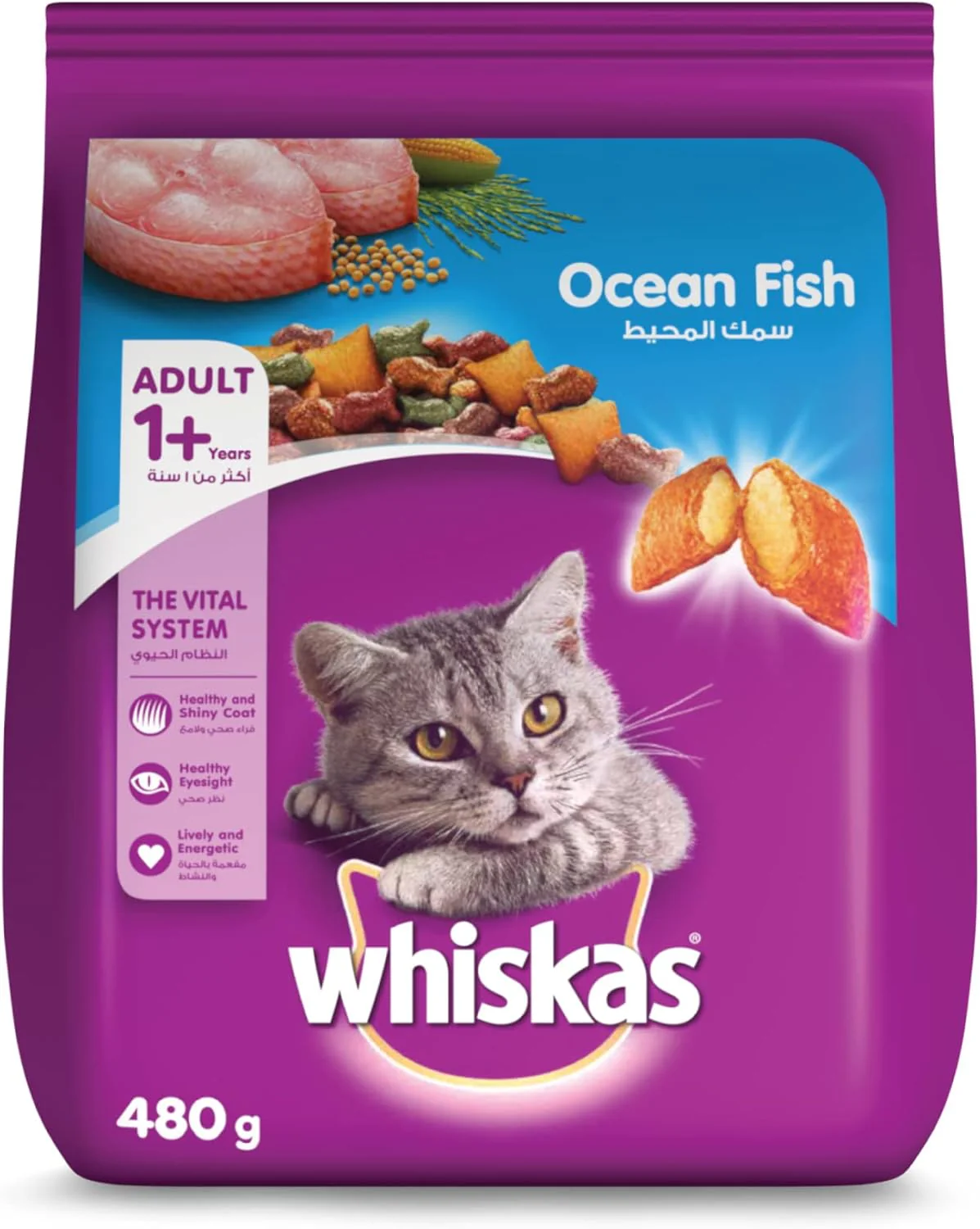 Whiskas Ocean Fish Dry Cat Food, Bag of 480g, for Adult Cats 1+ Years, Complete Nutrition and Great Taste Cat Dry Food - Image 3