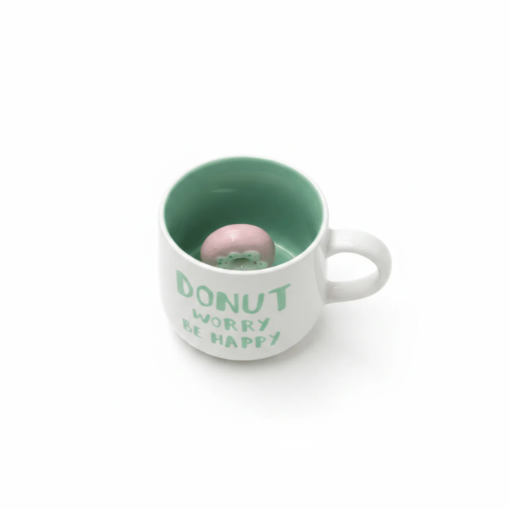 Donut Worry Be Happy | White & Mint Green Ceramic Mug with Hidden Donut Surprise | 400ml - Image 2