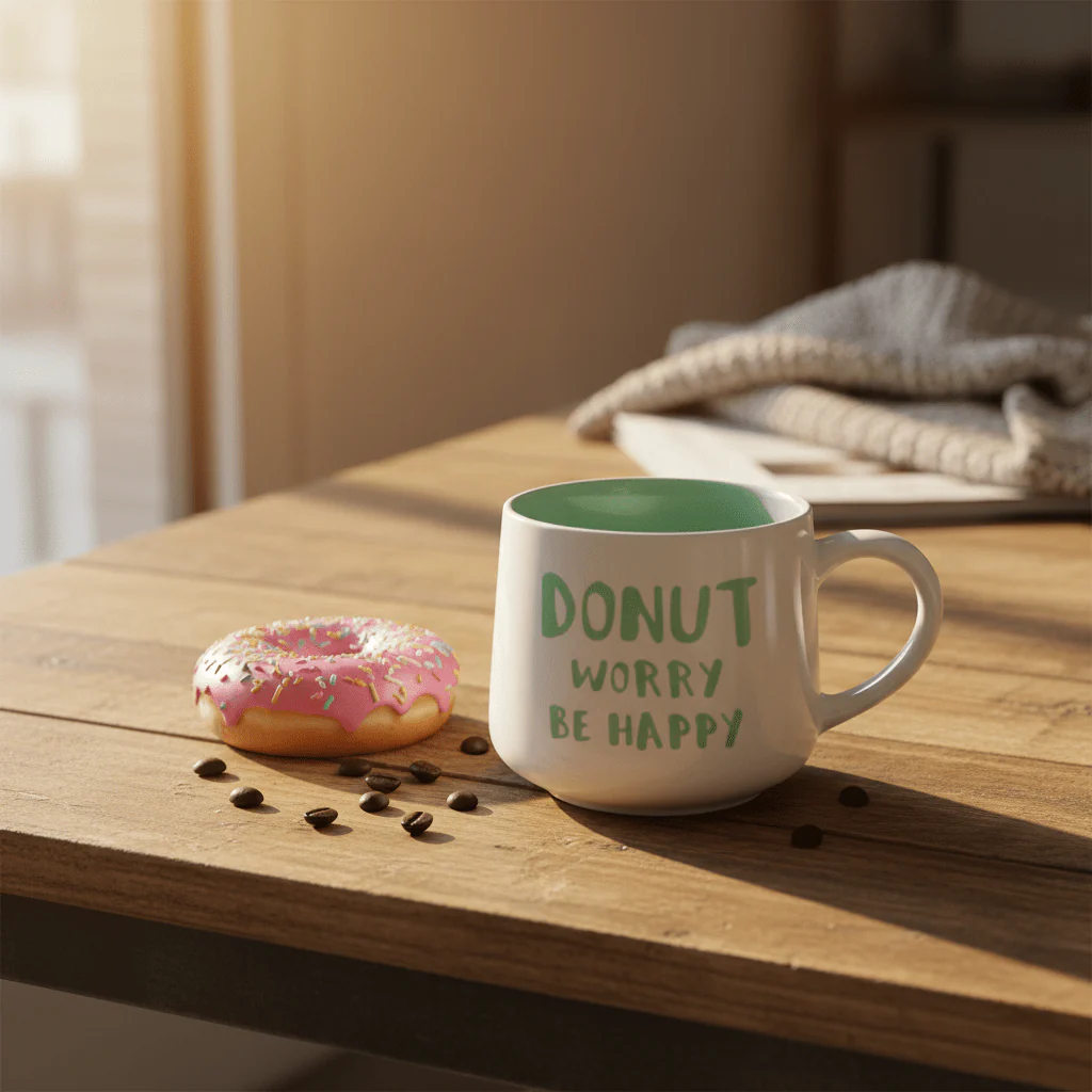 Donut Worry Be Happy | White & Mint Green Ceramic Mug with Hidden Donut Surprise | 400ml - Image 3