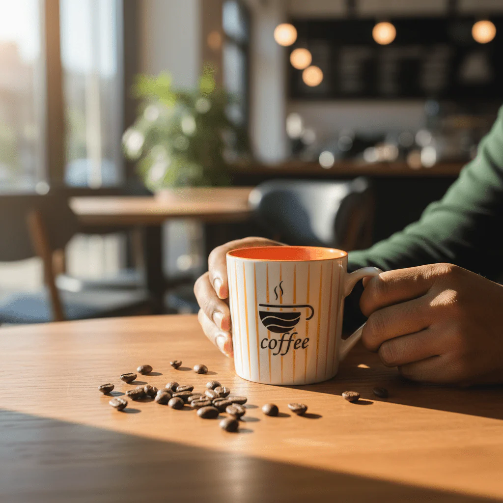 Orange & White Ceramic Coffee Mug — 300ml | Gold Pinstripe Design - Image 2