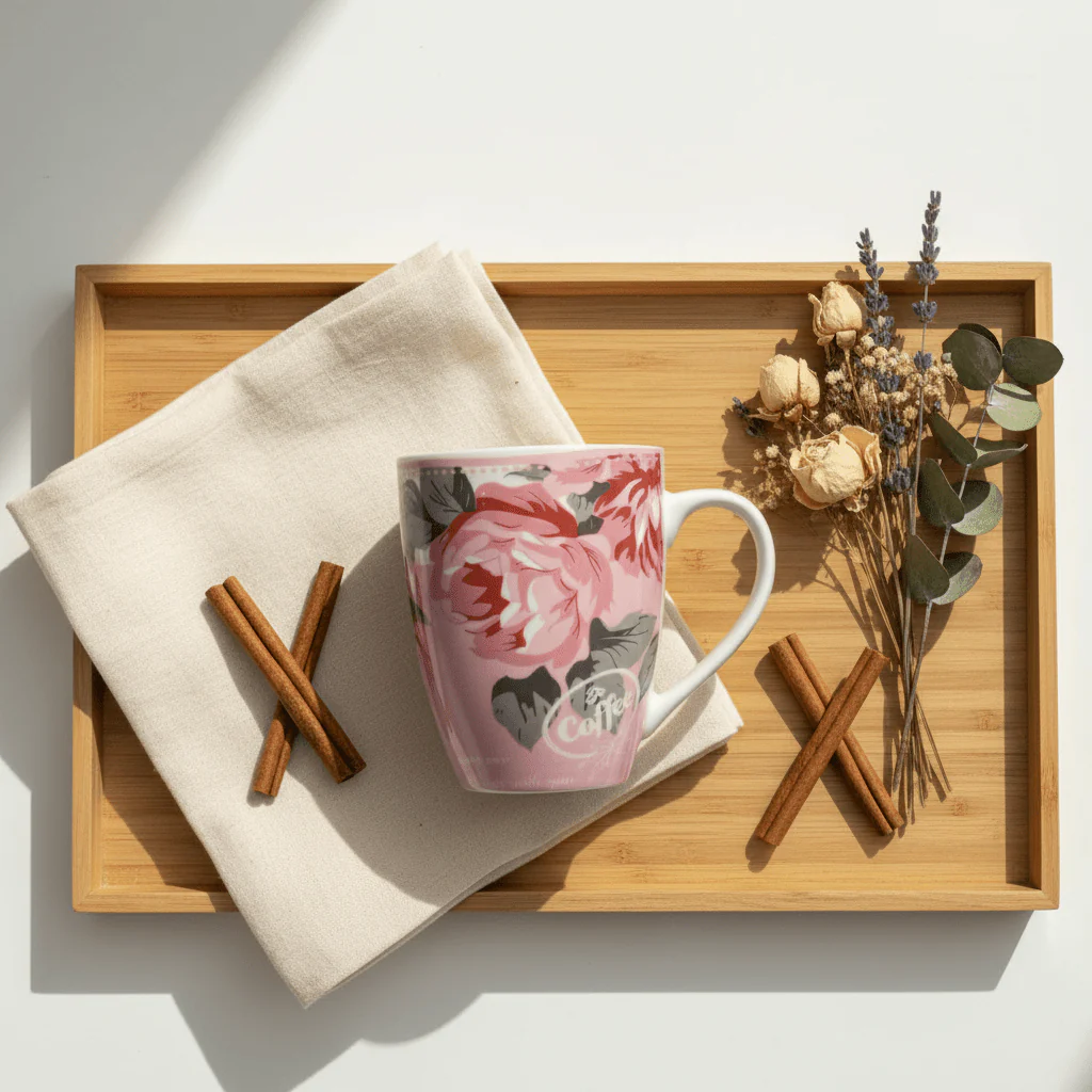White & Pink Floral Ceramic Mug — 300ml - Image 3