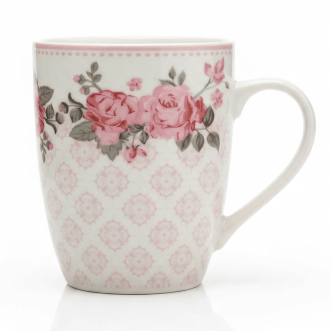Rose Garden Ceramic Mug — 300ml | White & Pink Floral Drinkware
