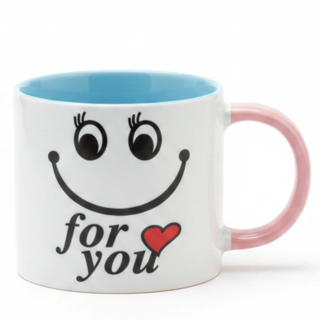 For You Smiley Ceramic Mug — 300ml | White & Pink Gift Mug with Blue Interior