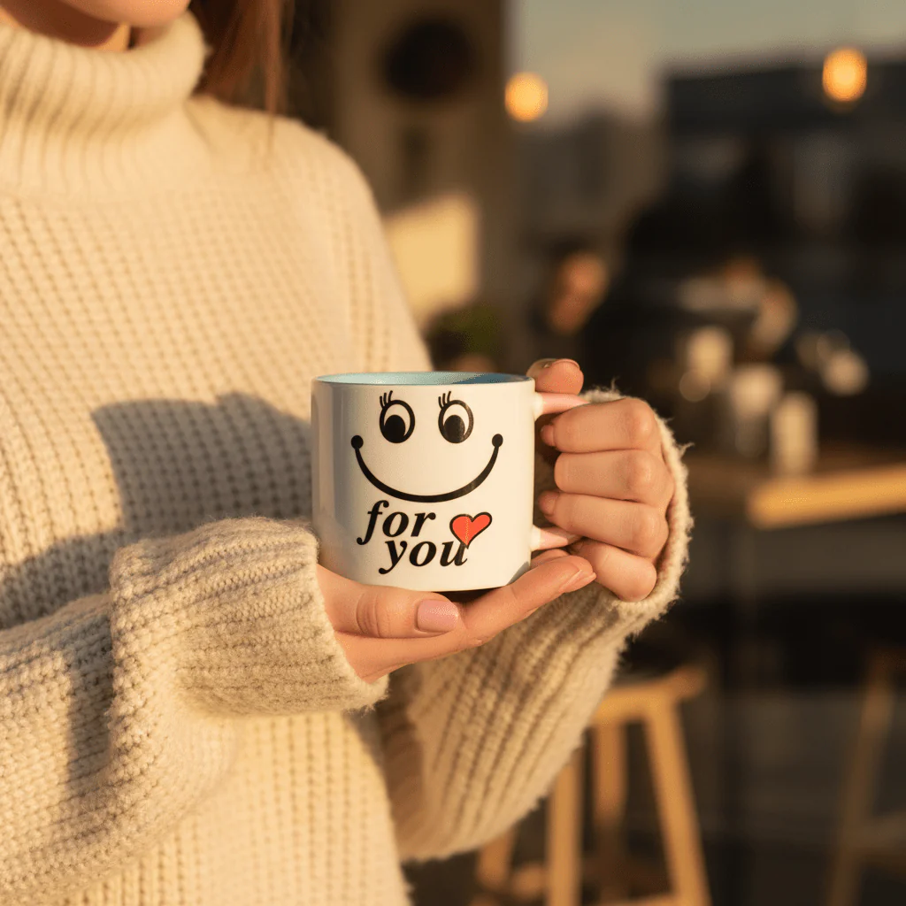 For You Smiley Ceramic Mug — 300ml | White & Pink Gift Mug with Blue Interior - Image 3