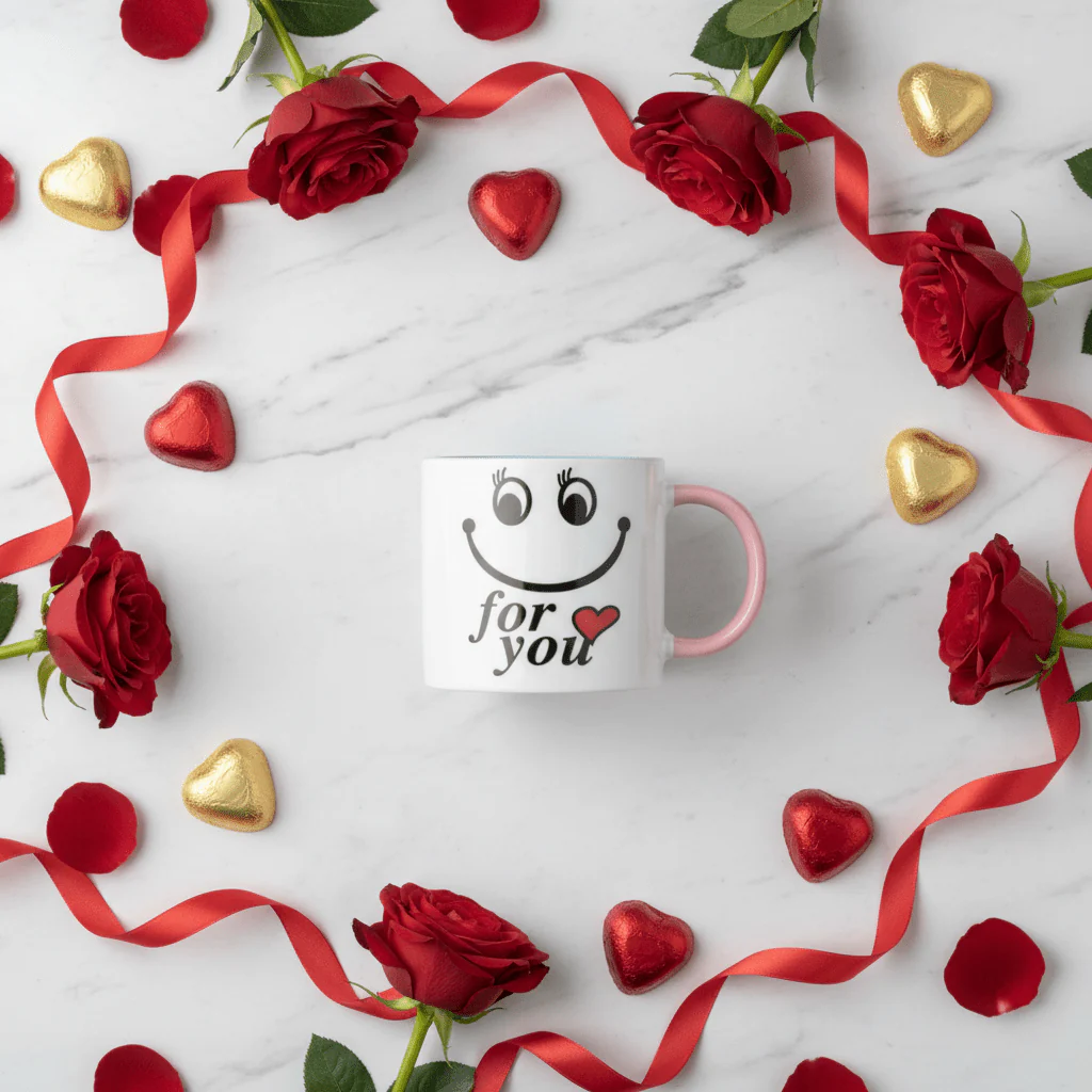 For You Smiley Ceramic Mug — 300ml | White & Pink Gift Mug with Blue Interior - Image 4