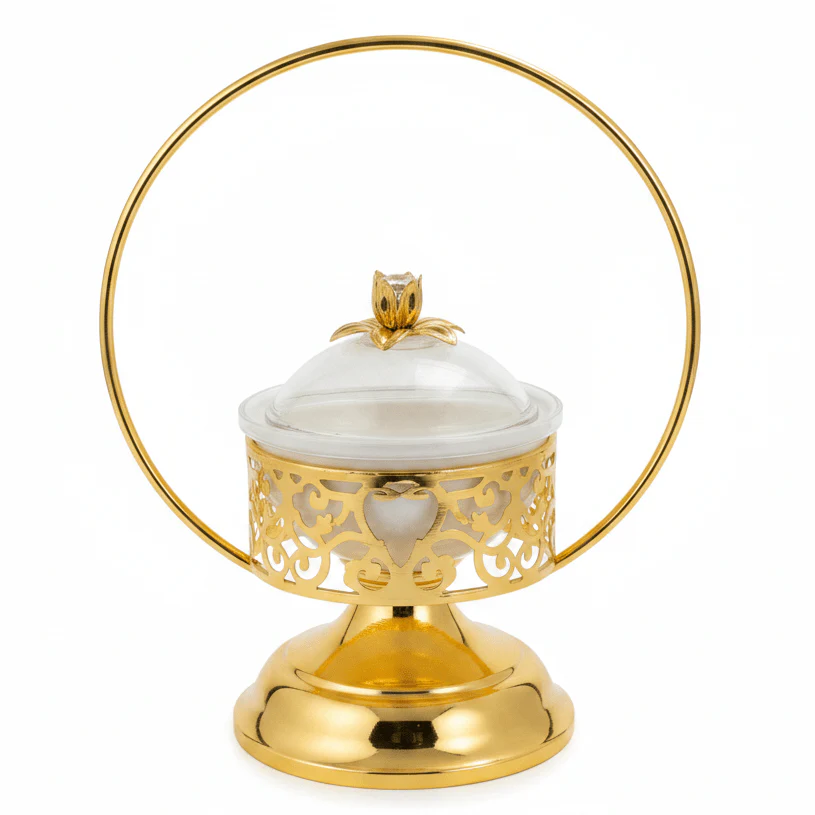 White Ceramic Candy Bowl with Gold Metal Holder & Lid – Elegant Serving Dish for Chocolates, Sweets & Dry Fruits – 12 × 30 cm