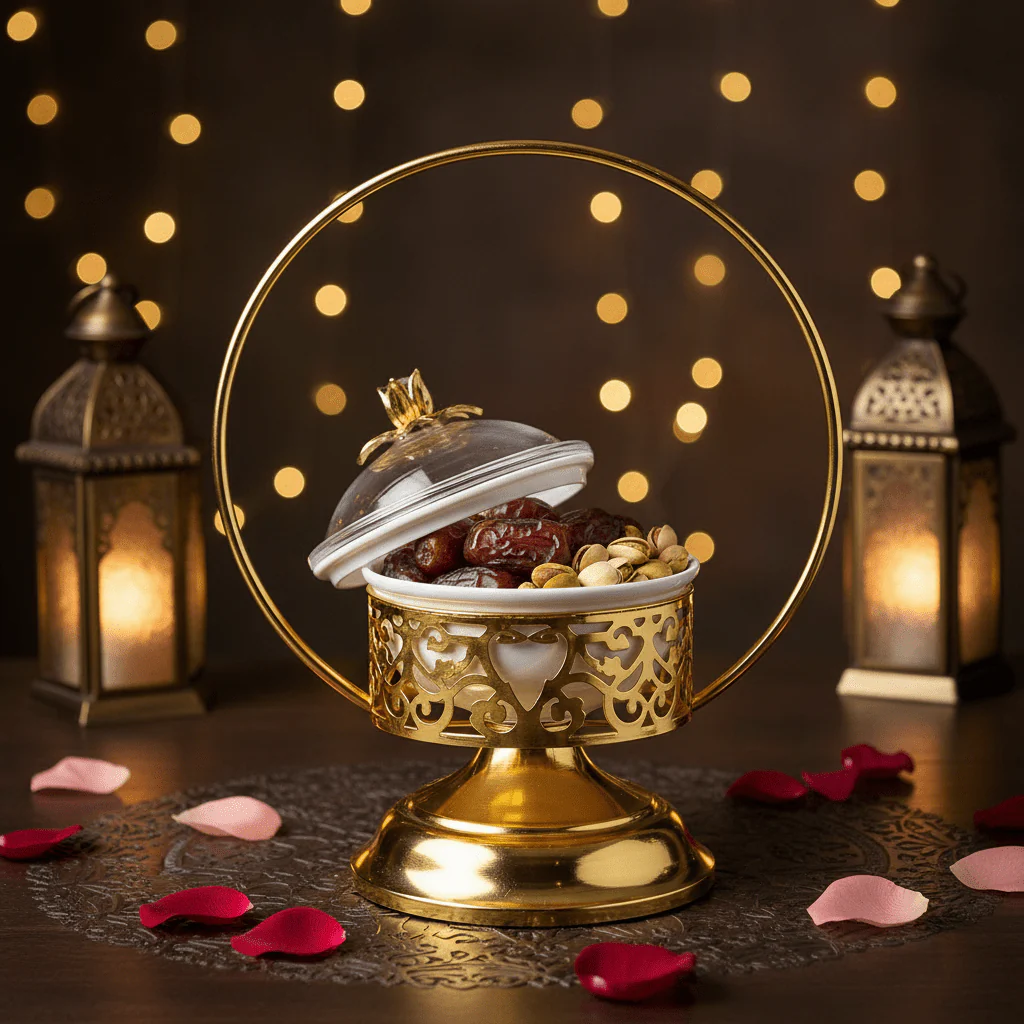 White Ceramic Candy Bowl with Gold Metal Holder & Lid – Elegant Serving Dish for Chocolates, Sweets & Dry Fruits – 12 × 30 cm - Image 3