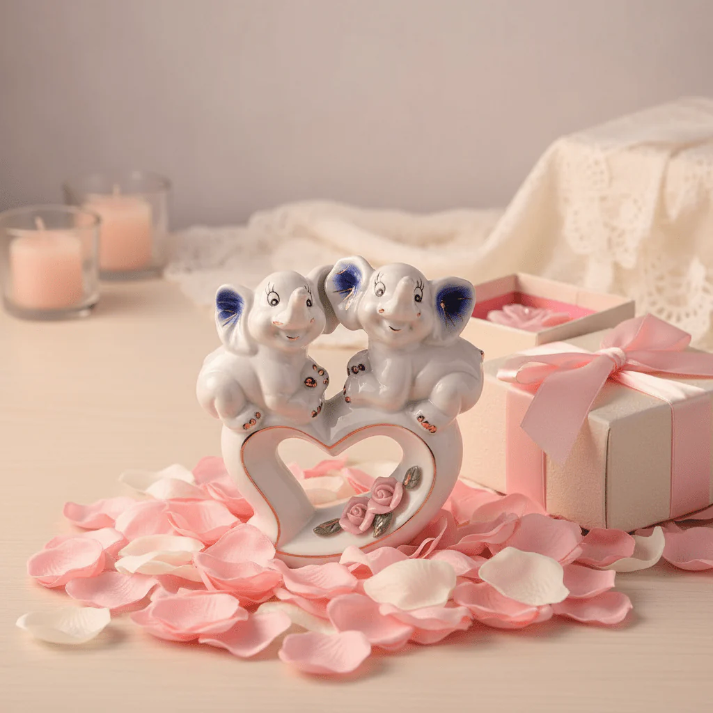 White Ceramic Elephant Couple Figurine – Heart & Rose Décor Piece, 13cm - Image 3