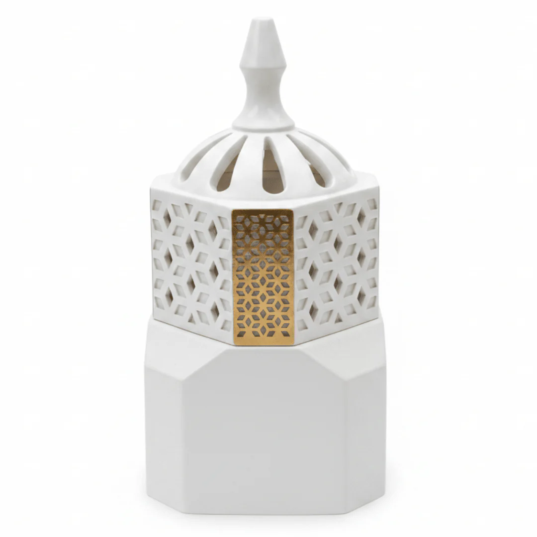 White Ceramic Arabic Incense Burner – Geometric Lattice Mabkhara | 14cm