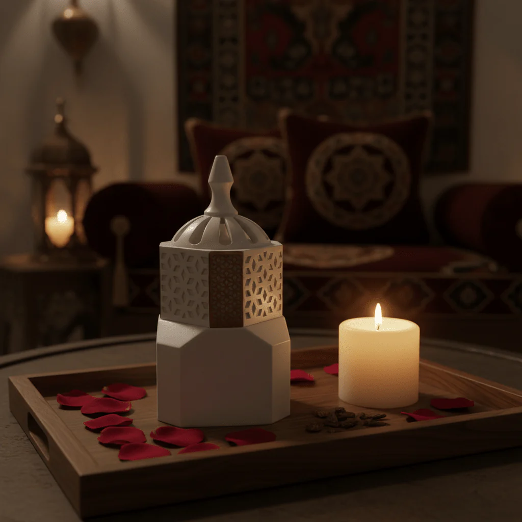 White Ceramic Arabic Incense Burner – Geometric Lattice Mabkhara | 14cm - Image 3