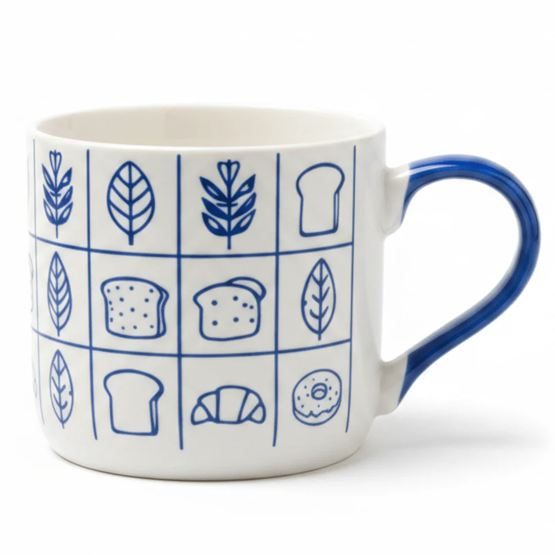 Artisan Ceramic Mug 380ml — Blue Harvest Edition | White & Blue Illustrated Mug with Ergonomic Handle