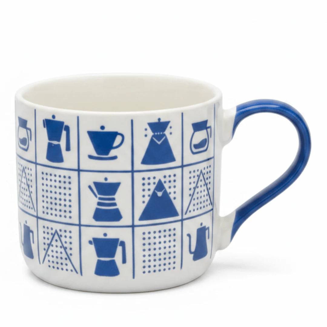 White Ceramic Mug with Blue Coffee Icons & Handle | 380ml |