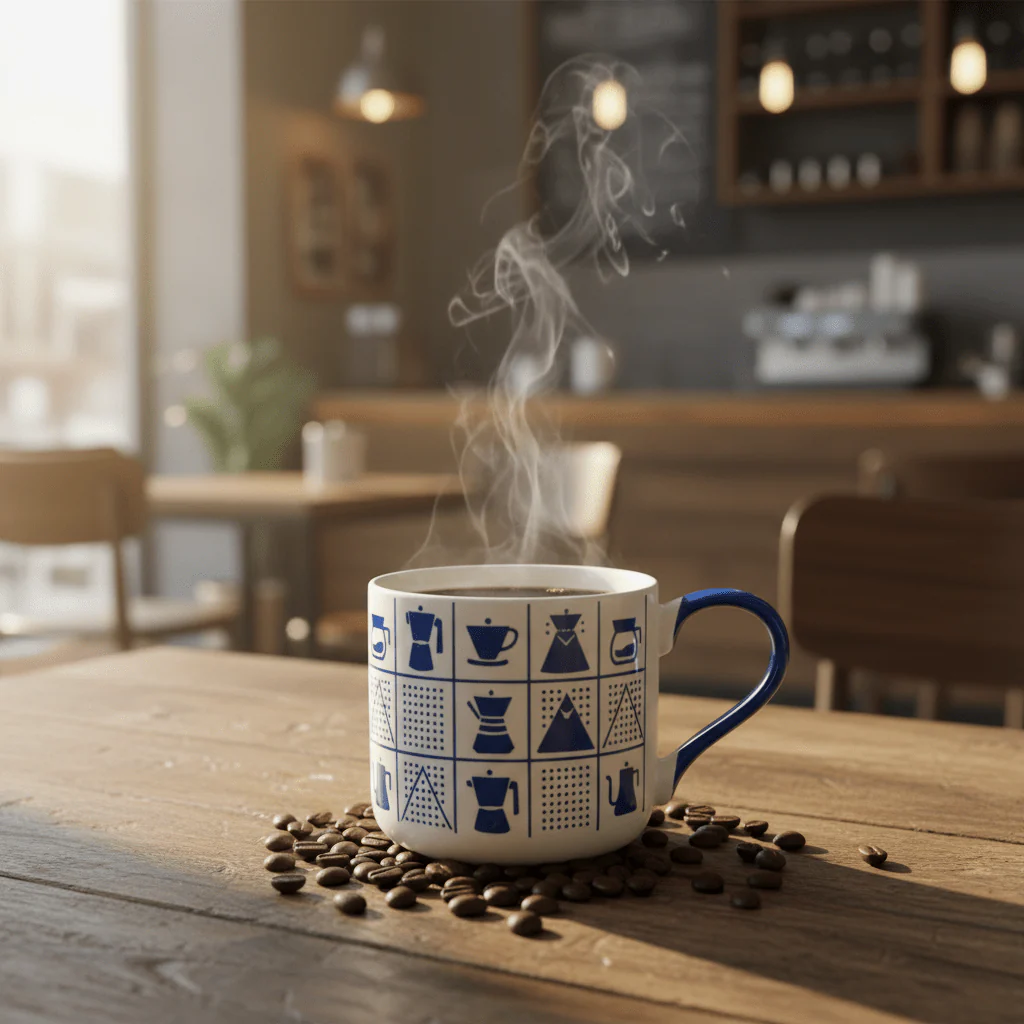 White Ceramic Mug with Blue Coffee Icons & Handle | 380ml | - Image 2