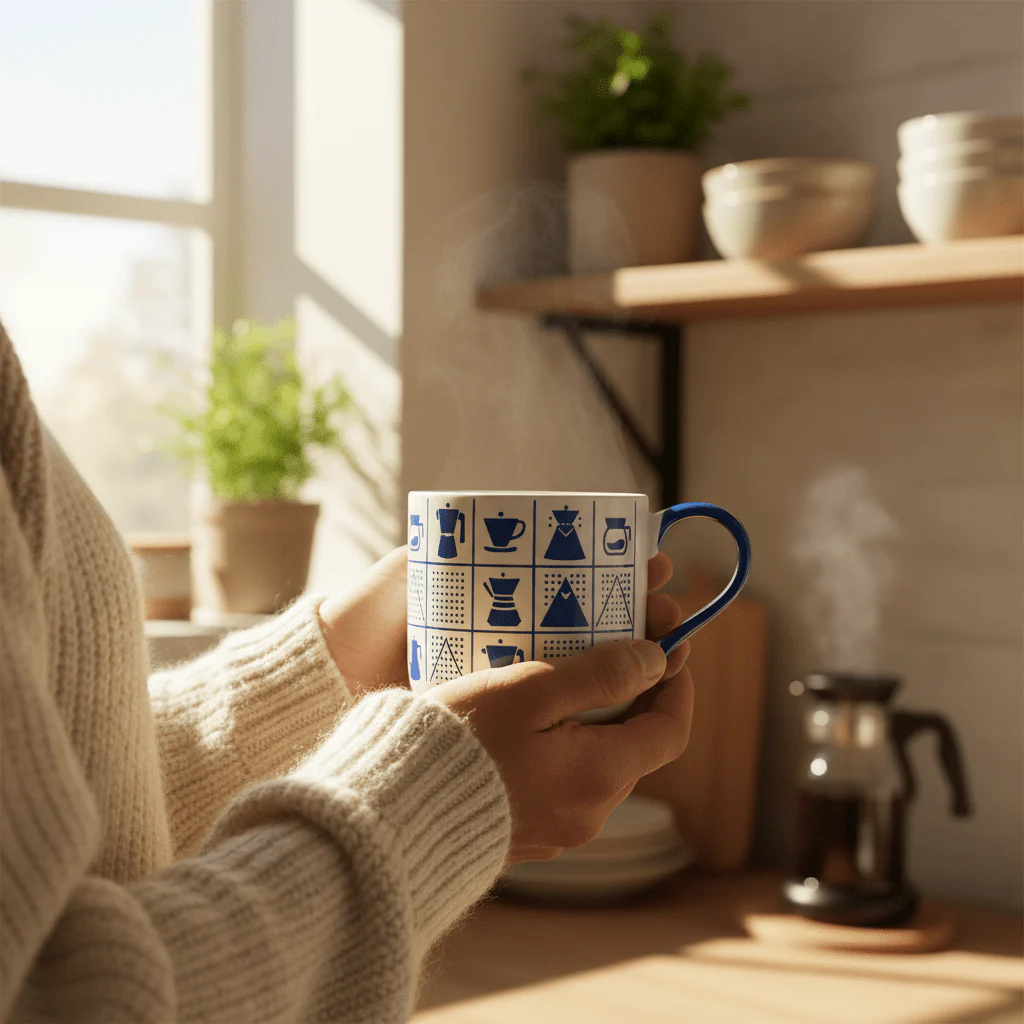 White Ceramic Mug with Blue Coffee Icons & Handle | 380ml | - Image 3