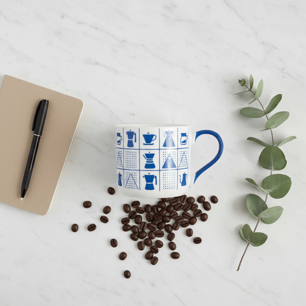 White Ceramic Mug with Blue Coffee Icons & Handle | 380ml | - Image 4