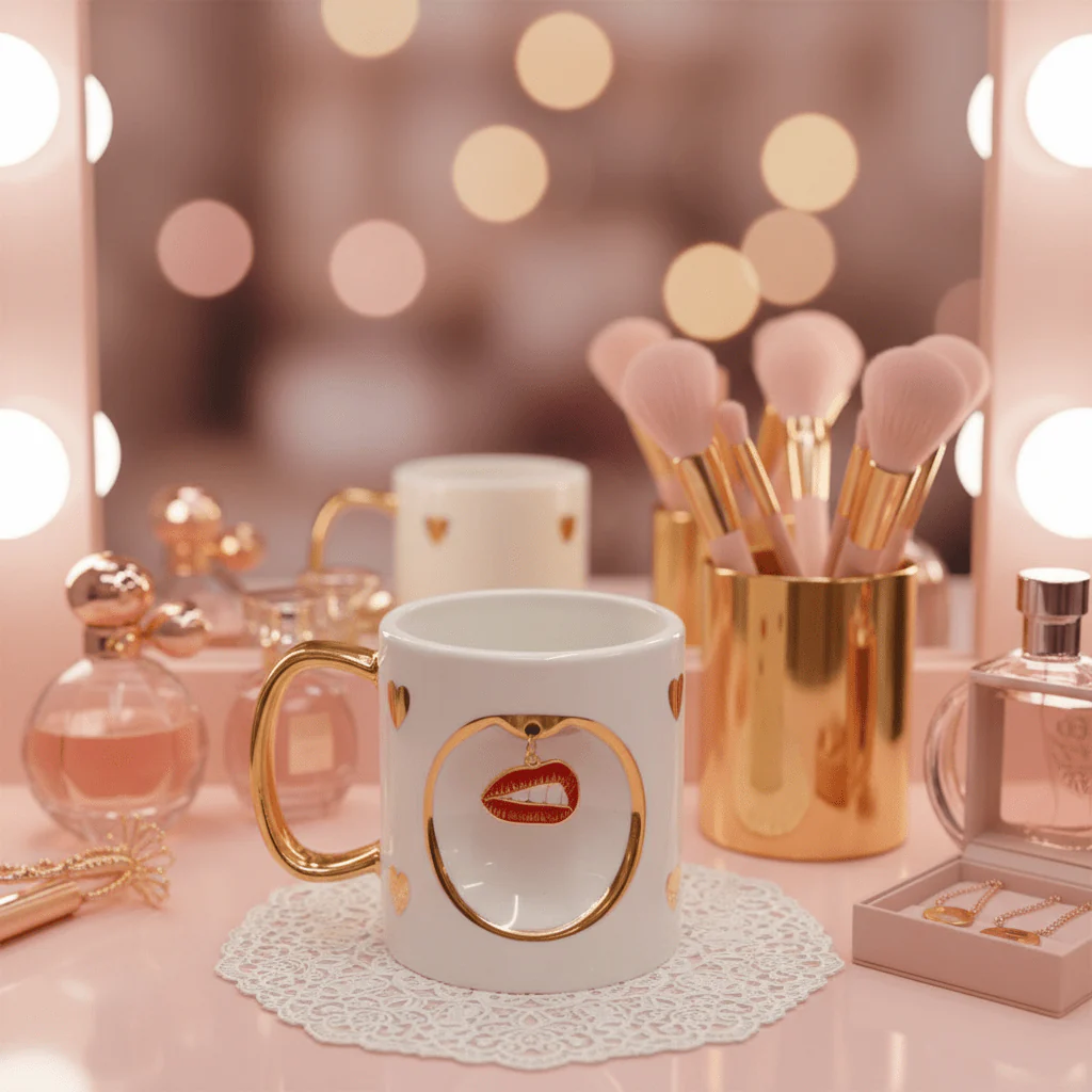 White Ceramic Mug with Gold Handle & Red Lips Charm — 350ml | Luxury Gift Mug - Image 2