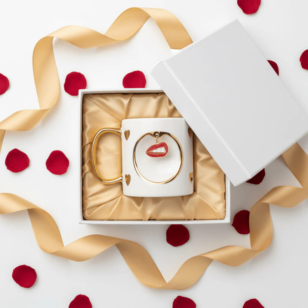 White Ceramic Mug with Gold Handle & Red Lips Charm — 350ml | Luxury Gift Mug - Image 3