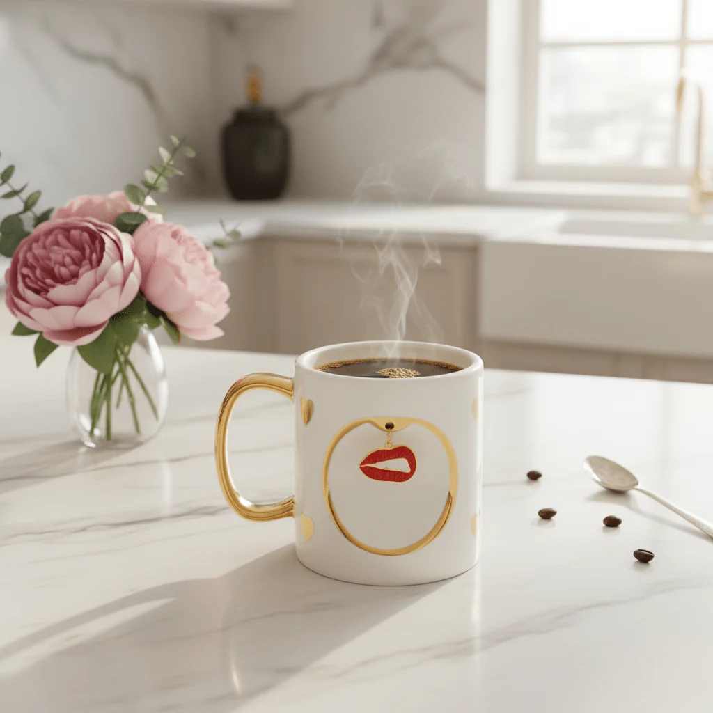 White Ceramic Mug with Gold Handle & Red Lips Charm — 350ml | Luxury Gift Mug - Image 4
