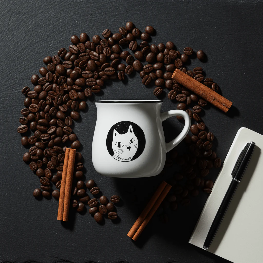 White ceramic porcelain mug with black cat print and rim 100ml - Image 3