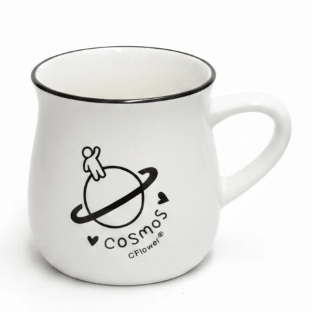 Cosmos Ceramic Mug – White Porcelain with Black Rim & Planet Print | 100ml