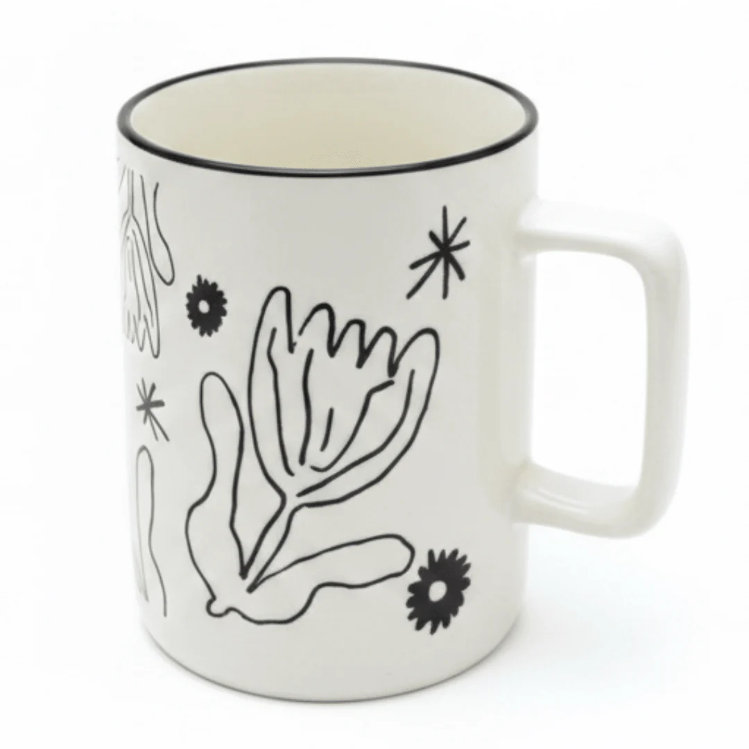 Botanical Line Art Ceramic Mug – White & Black | 400ml