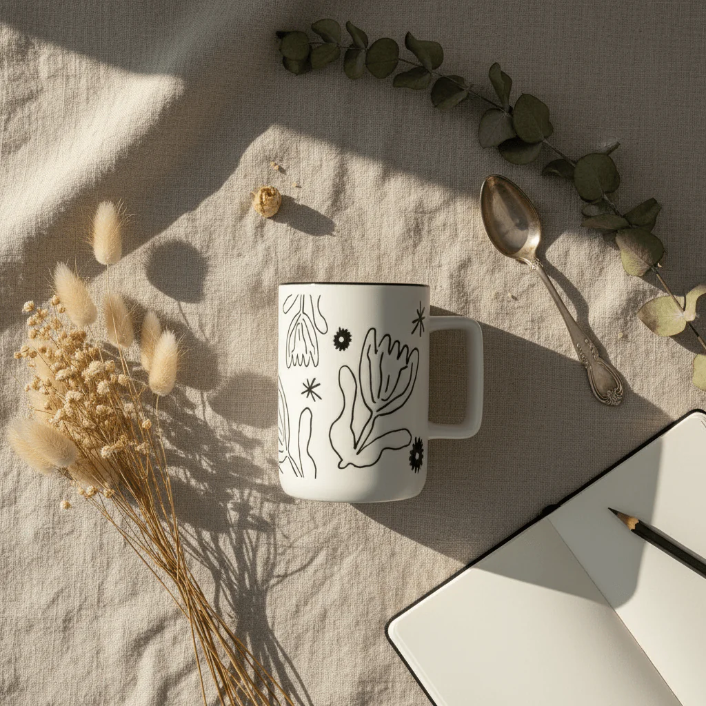 Botanical Line Art Ceramic Mug – White & Black | 400ml - Image 3