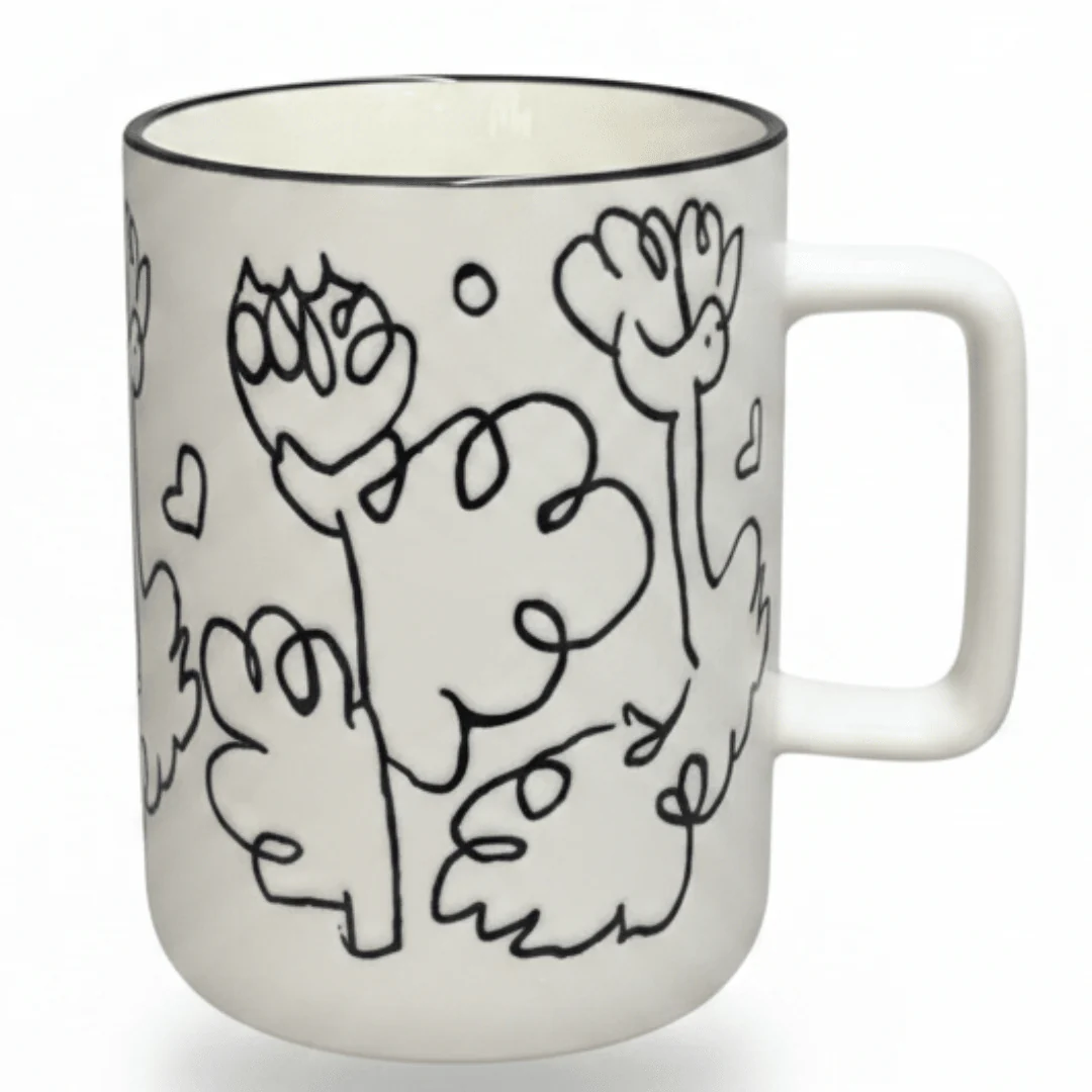 Botanical Line Art Ceramic Mug – White & Black | 400ml |