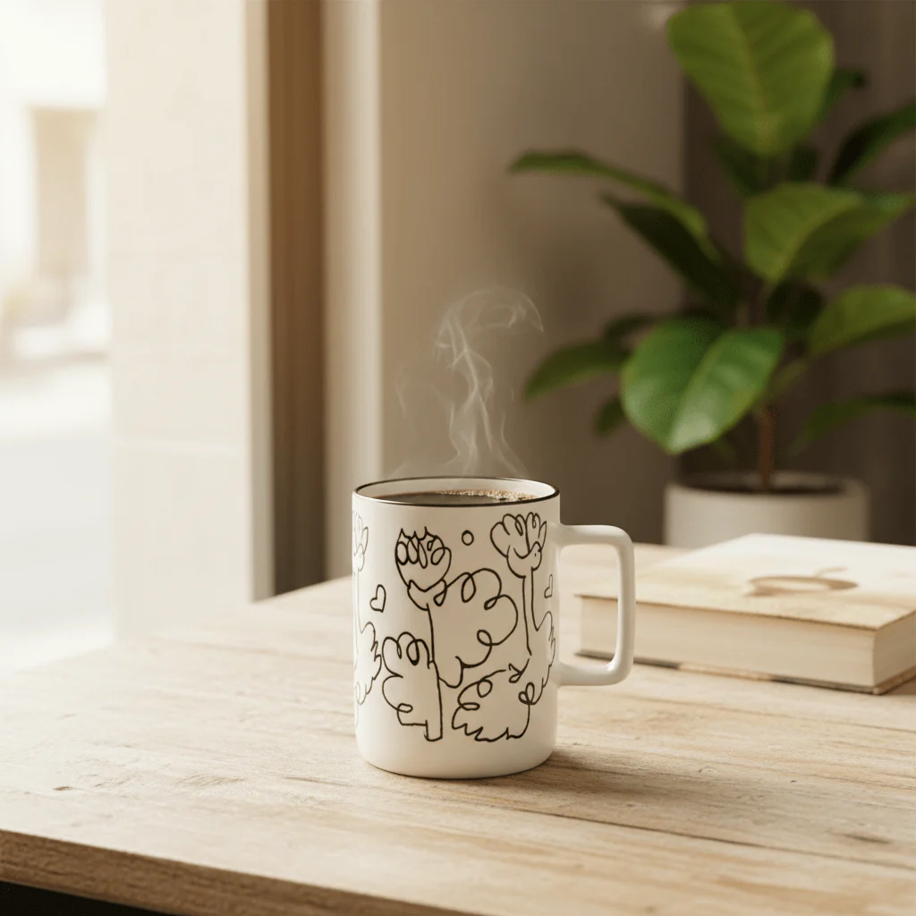 Botanical Line Art Ceramic Mug – White & Black | 400ml | - Image 2