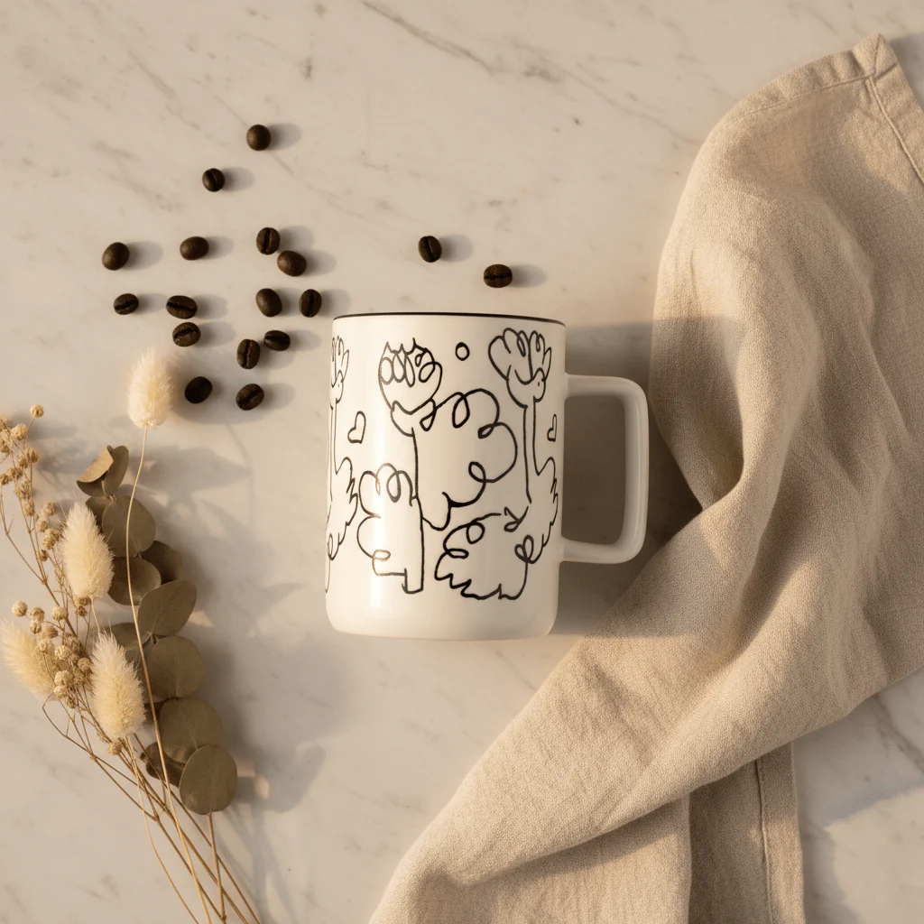 Botanical Line Art Ceramic Mug – White & Black | 400ml | - Image 3