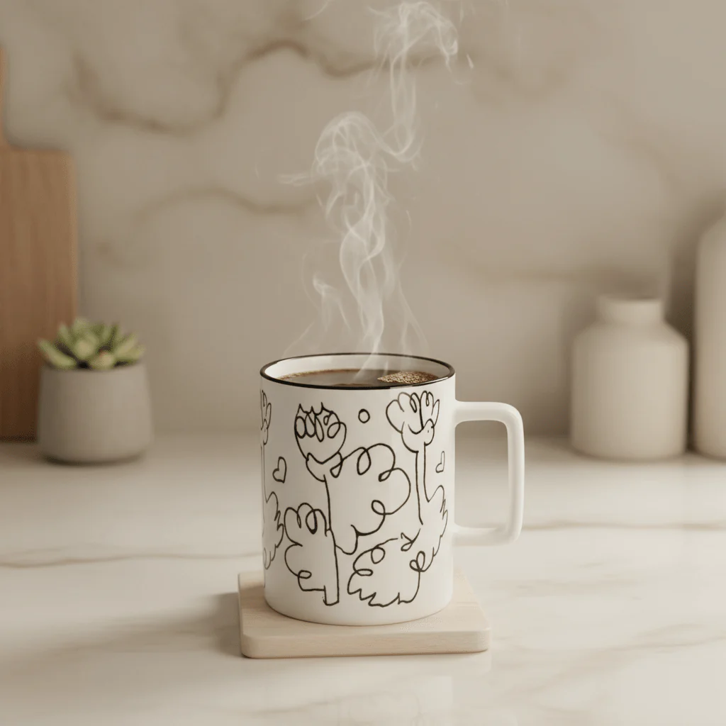Botanical Line Art Ceramic Mug – White & Black | 400ml | - Image 4