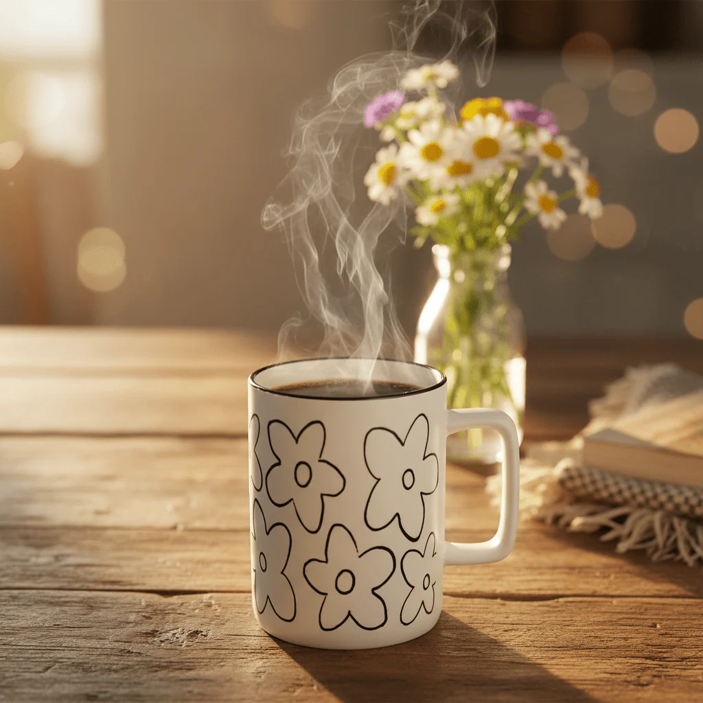 White Ceramic Daisy Flower Mug – 400ml | Black Print & Rim - Image 2