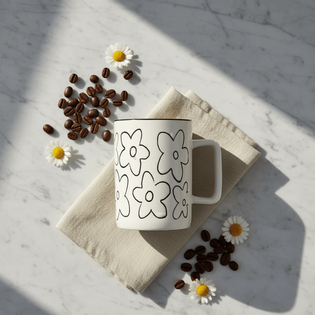 White Ceramic Daisy Flower Mug – 400ml | Black Print & Rim - Image 3