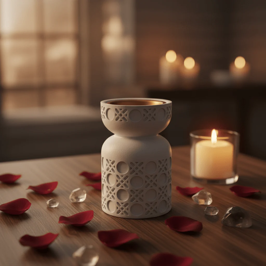 White Chalk Incense Burner with Gold Interior | Geometric Lattice Design | 10×6 cm - Image 3
