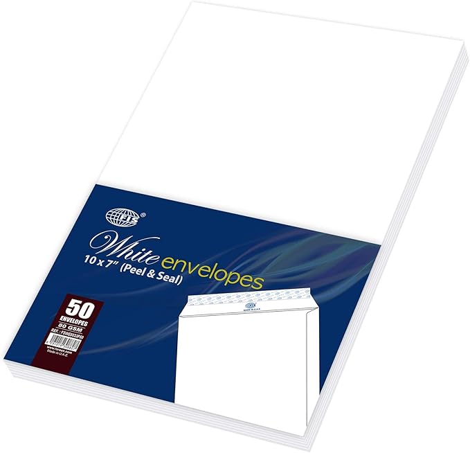 FIS White Envelopes 10X7" 50pcs Peel&Seal