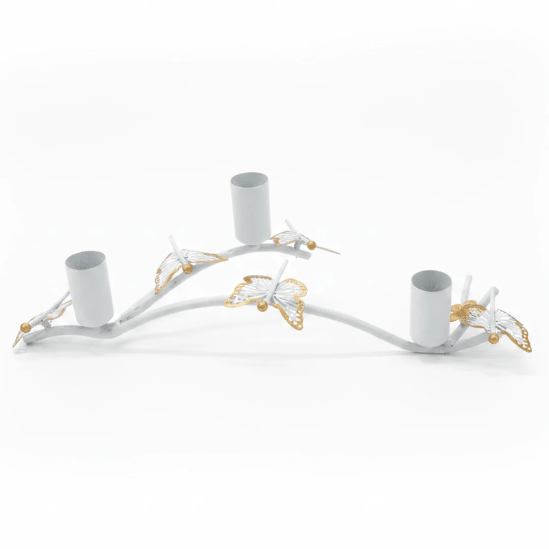 White & Gold Butterfly 3-Way Metal Candle Holder — 30cm