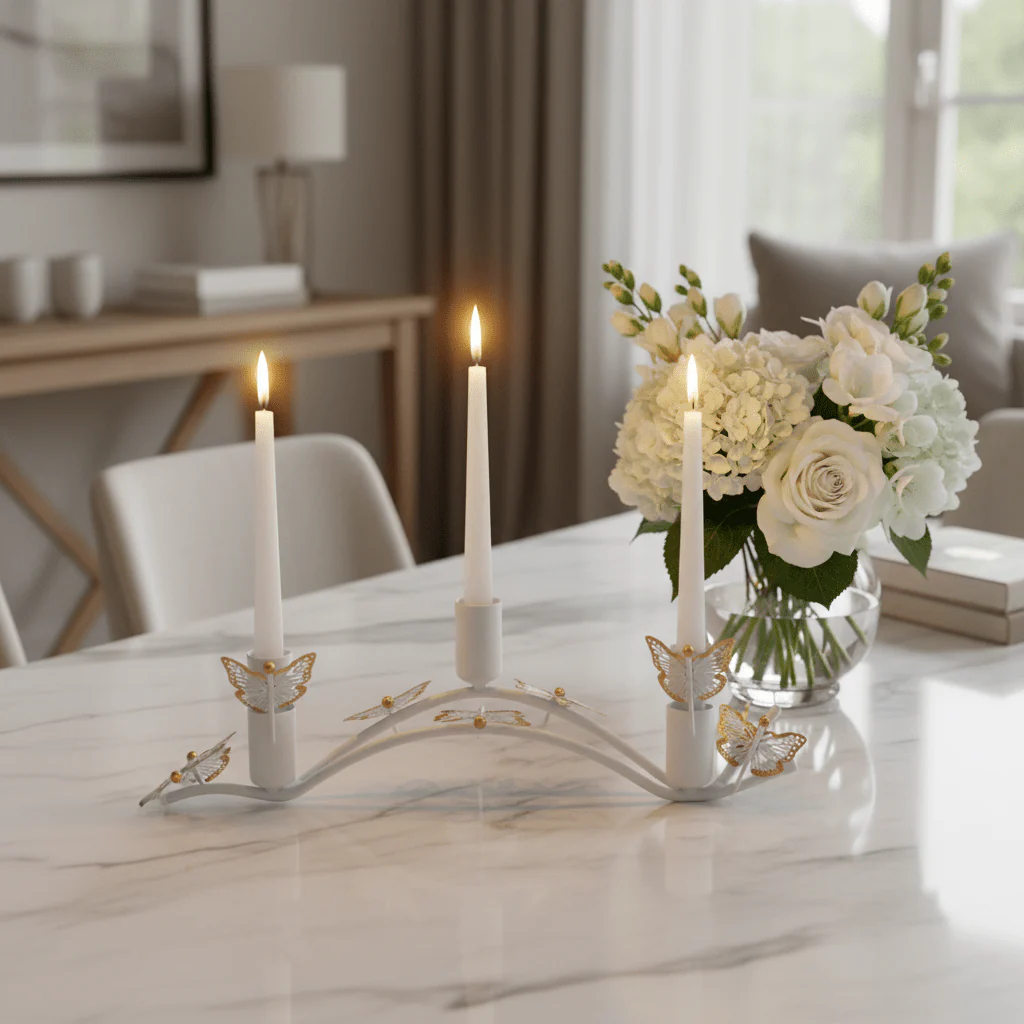 White & Gold Butterfly 3-Way Metal Candle Holder — 30cm - Image 4