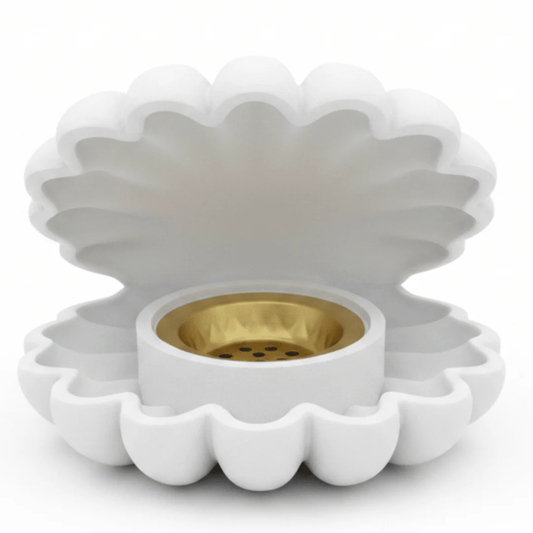 White Shell Incense Burner | Ceramic Clamshell Design with Gold Brass Insert | 14cm