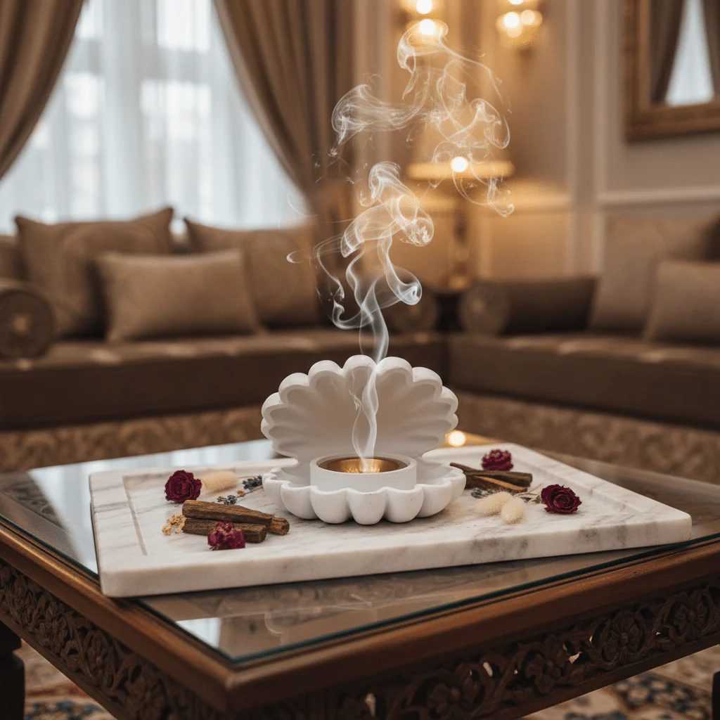 White Shell Incense Burner | Ceramic Clamshell Design with Gold Brass Insert | 14cm - Image 2