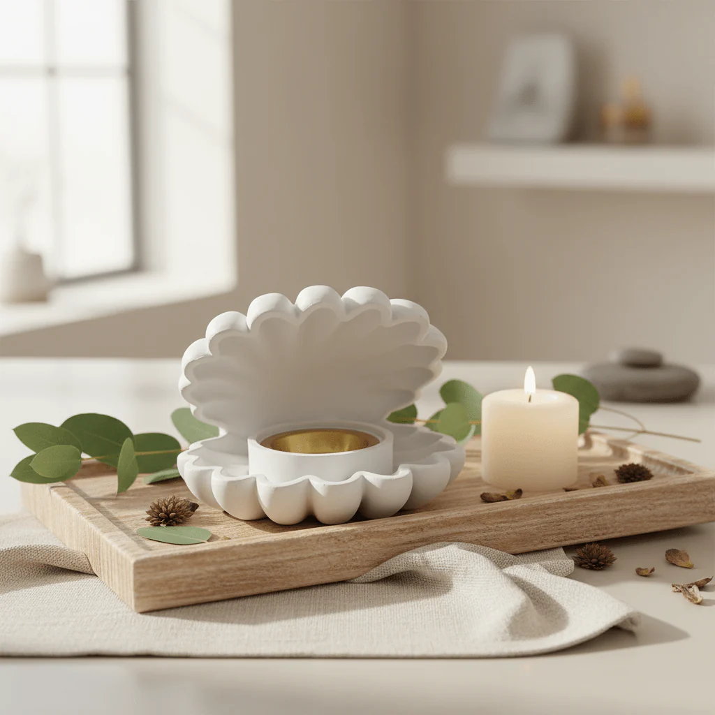 White Shell Incense Burner | Ceramic Clamshell Design with Gold Brass Insert | 14cm - Image 3