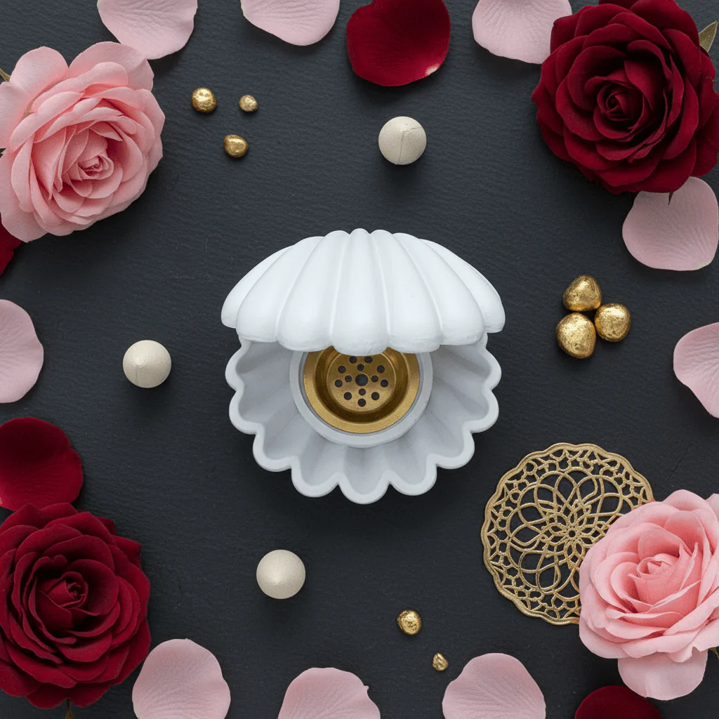 White Shell Incense Burner | Ceramic Clamshell Design with Gold Brass Insert | 14cm - Image 4