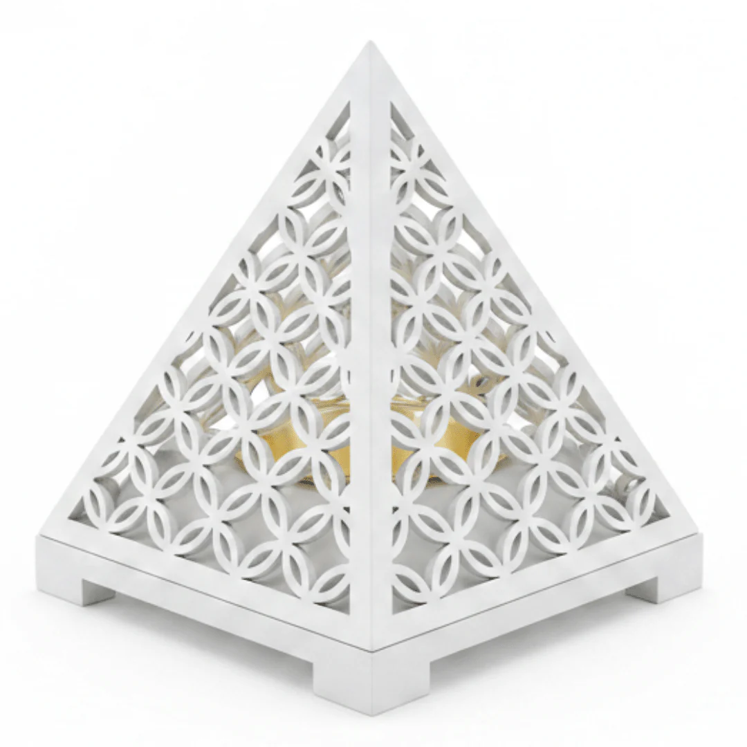 White Pyramid Incense Burner — Geometric Lattice with Gold Bowl