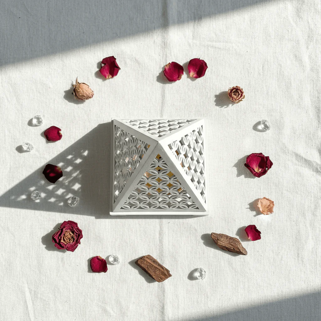 White Pyramid Incense Burner — Geometric Lattice with Gold Bowl - Image 3