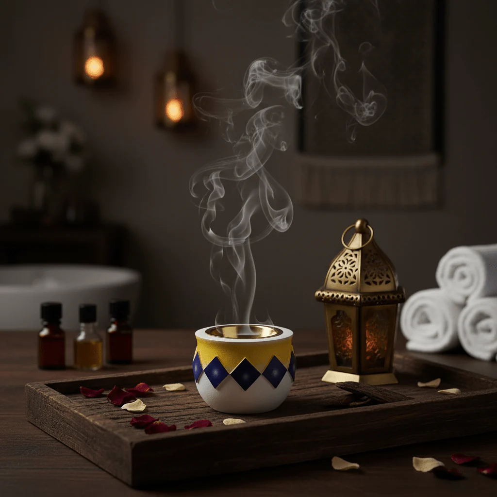 White Yellow & Blue Ceramic Incense Burner | Bakhoor Holder | 7×8 cm - Image 2