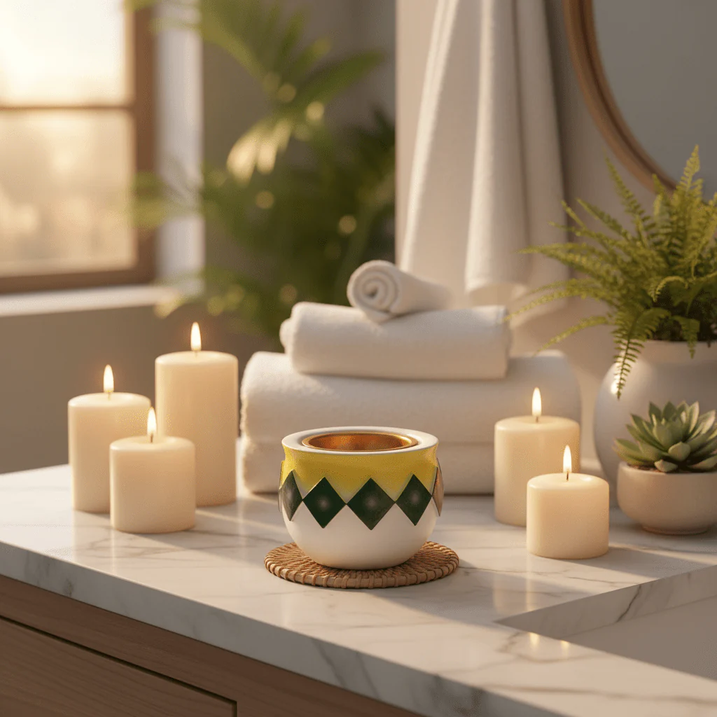 White, Yellow & Green Chevron Incense Burner | Gold Interior | 7×8 cm - Image 3