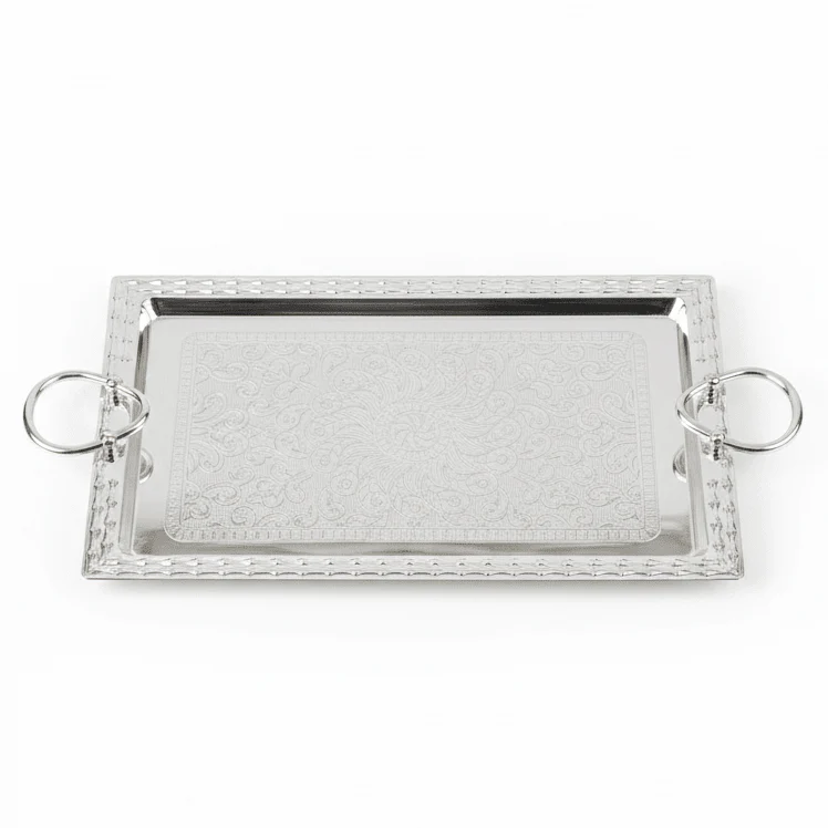 Windcera Modern Rectangular Silver Stainless Steel Serving Tray with Durable Side Handles, Decorative Food Tea & Beverage Serving Platter for Kitchen Dining Table & Parties – 41 x 21 cm