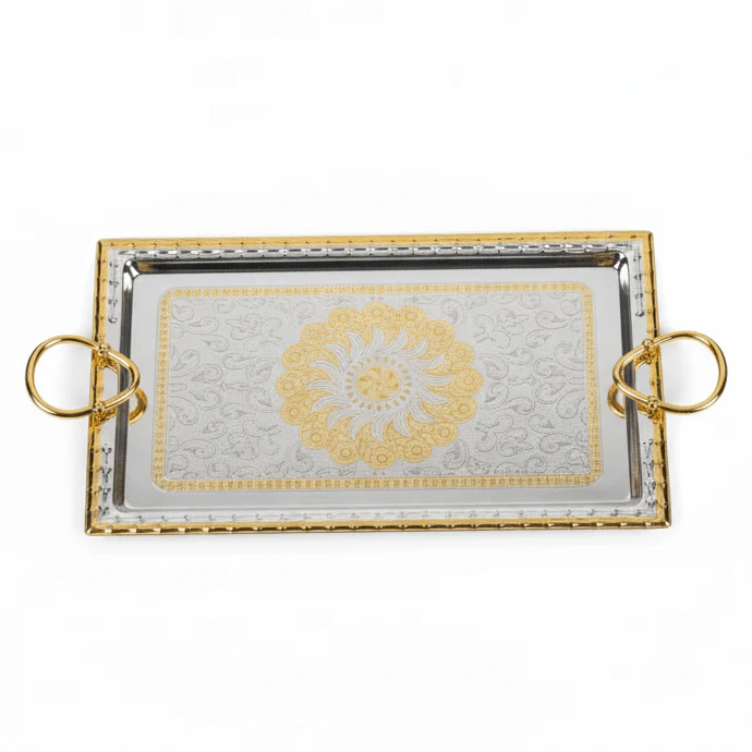 Windcera Premium Rectangular Silver & Gold Stainless Steel Serving Tray with Elegant Golden Handles, Multipurpose Food & Tea Serving Platter for Home Kitchen & Dining – 41 x 21 cm