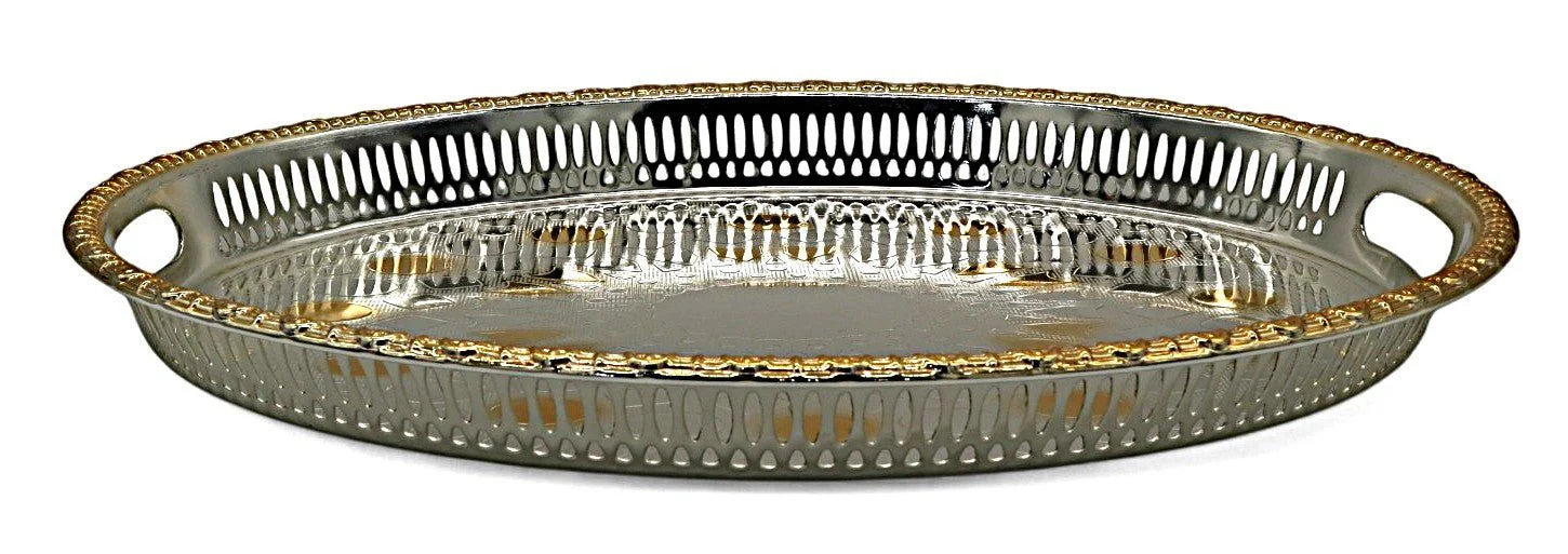 WINDCERA Stylish Oval Tray with Silver Base & Gold Detailing – 50×36 cm