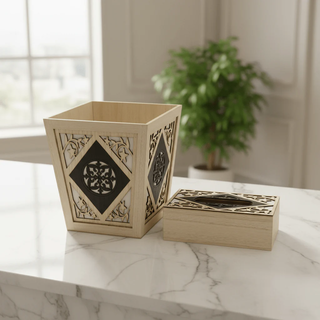 Wooden Dustbin with Matching Tissue Box Set – Natural Finish Home and Office Organizer – 28 × 25 cm & 26 × 13 cm - Image 2
