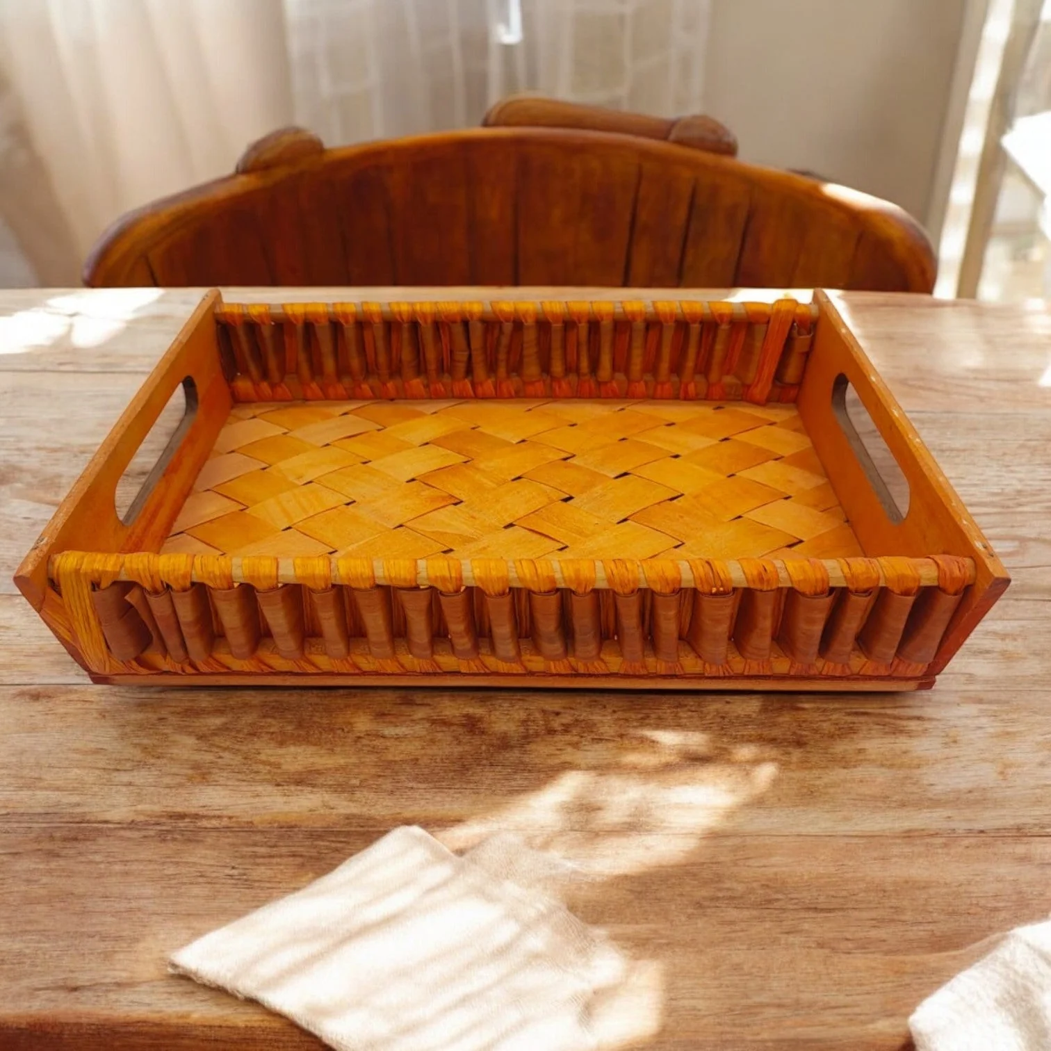 AKDC Wooden Tray Hand Woven Elegant Rattan Serving Tray Anti Breakage Desktop Organization for Balcony 38cmX25cmX8cm (Large)